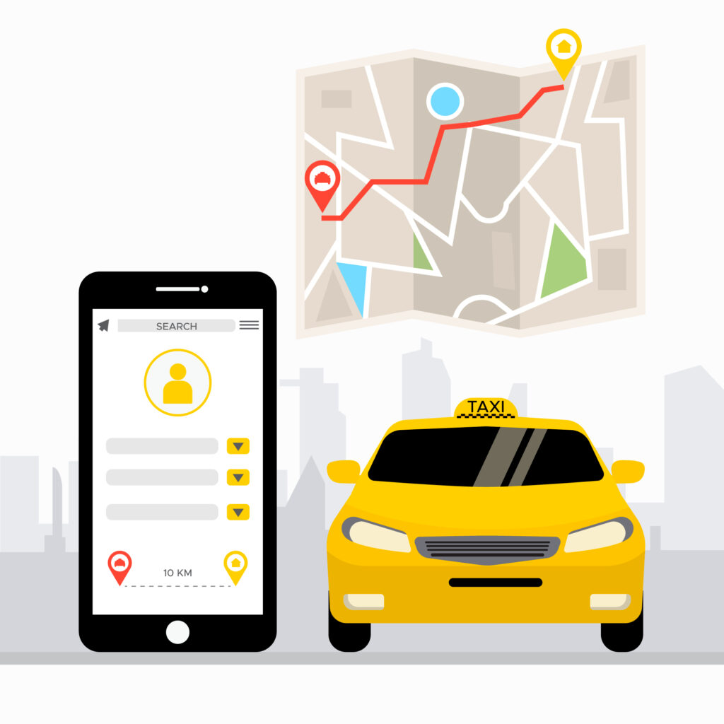 Taxi app concept with a smartphone displaying a map and a taxi icon.