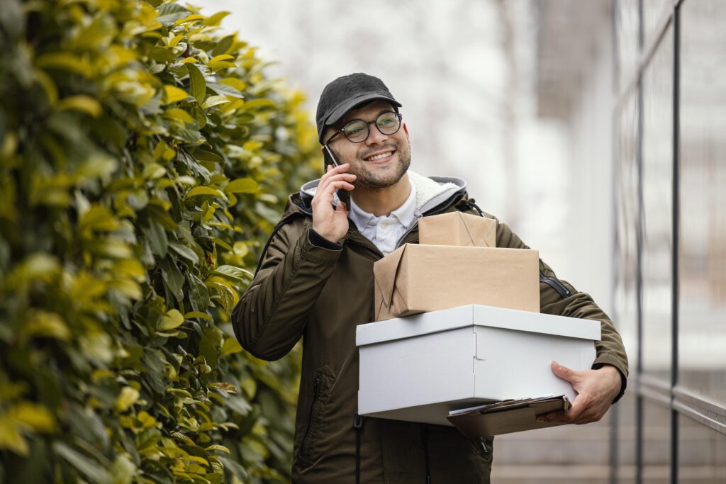 A man holding a package and talking on the phone,