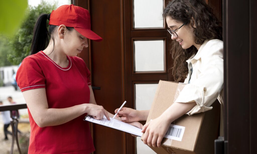 A delivery girl in a red shirt delivers a package to a girl in a jacket