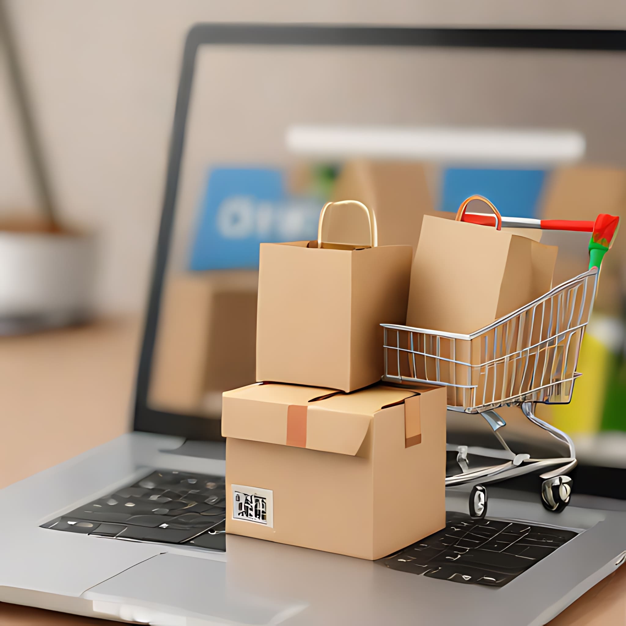 Online shopping concept with laptop showing shopping cart icon and boxes, symbolizing e-commerce convenience.