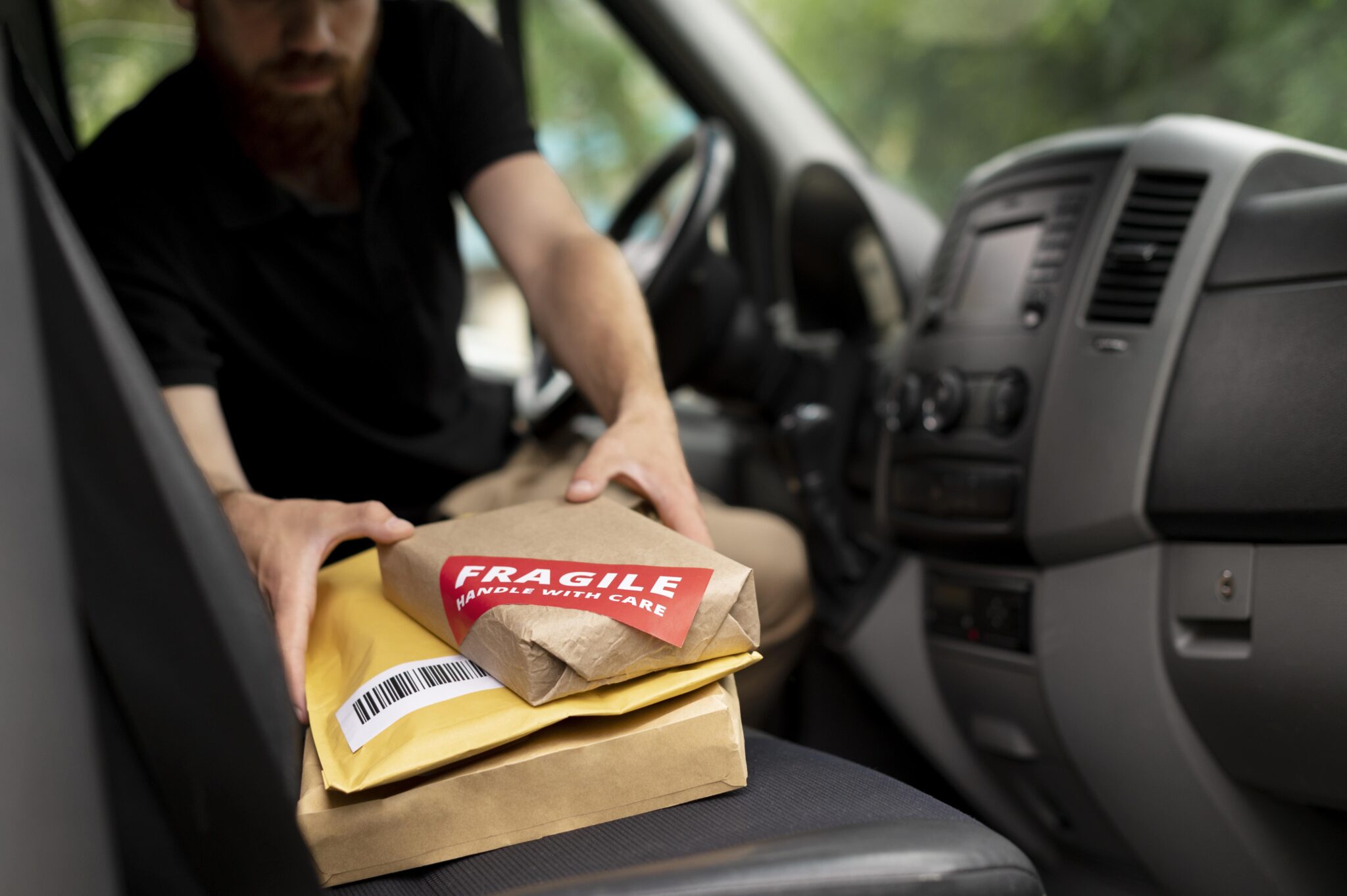 Man holding package in car back seat.